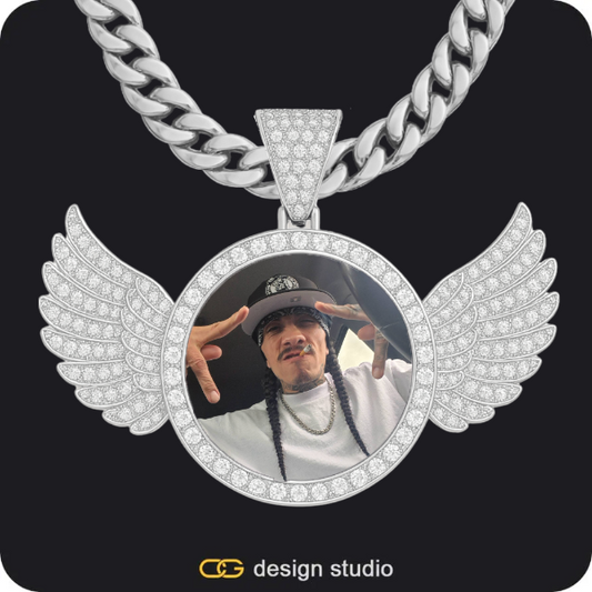Block initial necklace - W,Custom Photo Pendant - Silver / Wings / Cuban (10mm)