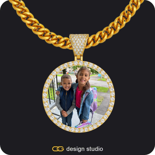 Block initial necklace - I,Custom Photo Pendant - Gold / Circle (4 cm) / Cuban (10mm),Custom Photo Pendant - Gold / Circle (3 cm) / Cuban (5mm)