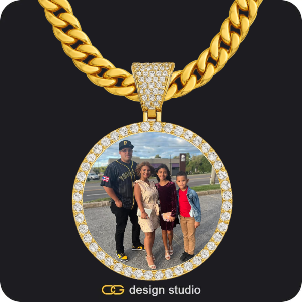 Block initial necklace - I,Custom Photo Pendant - Gold / Circle (4 cm) / Cuban (10mm),Custom Photo Pendant - Gold / Circle (3 cm) / Cuban (5mm)