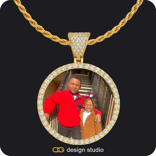 Custom Photo Pendant - Gold / Circle (4 cm) / Rope,Baguette Letter Initial Necklace: Gold - M / Cuban (3mm)