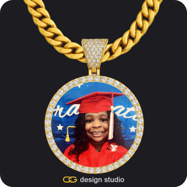 Custom Photo Pendant - Gold / Wings / Cuban (10mm),Custom Photo Pendant - Gold / Circle (4 cm) / Cuban (10mm)