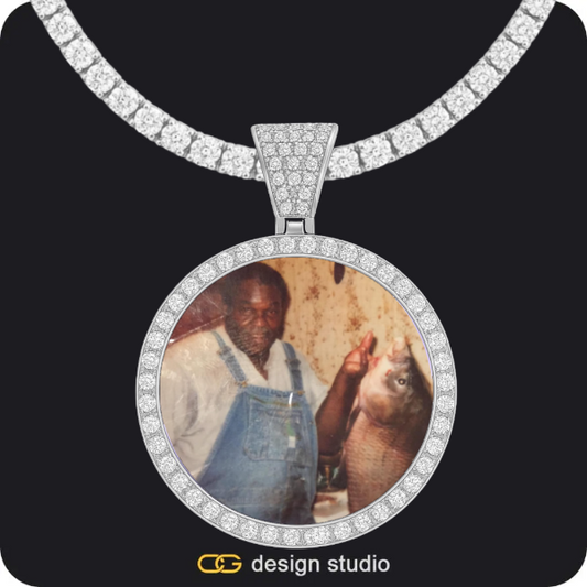 Block initial necklace - O,Custom Photo Pendant - Silver / Circle (4 cm) / Tennis