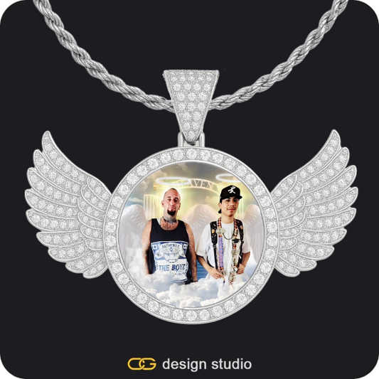 Custom Photo Pendant - Silver / Wings / Rope