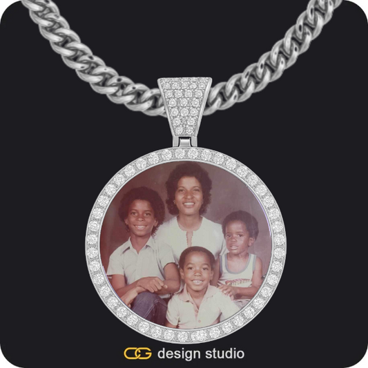 Hexagon initial necklace - W,Custom Photo Pendant - Silver / Circle (4 cm) / Cuban (5mm)