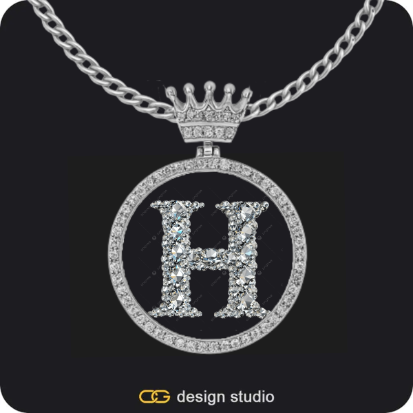 Arial Letter Initial Necklace: Silver - S / Cuban (5mm),Custom Charm-Top Photo Pendant - Silver / Crown / Cuban (3mm)