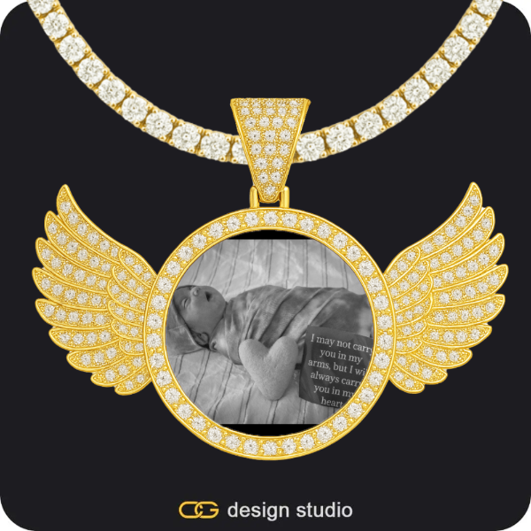 Hexagon initial necklace - O,Custom Photo Pendant - Gold / Wings / Tennis