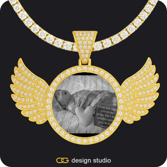 Hexagon initial necklace - O,Custom Photo Pendant - Gold / Wings / Tennis