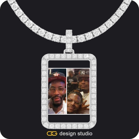 Hexagon initial necklace - Q,Custom Photo Pendant - Silver / Rectangle / Tennis