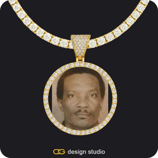 Hexagon initial necklace - W,Custom Photo Pendant - Gold / Circle (3 cm) / Tennis