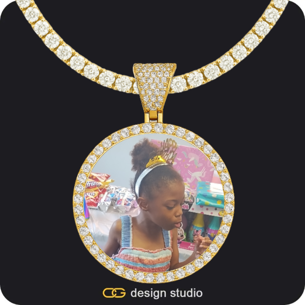Hexagon initial necklace - W,Custom Photo Pendant - Gold / Circle (4 cm) / Tennis
