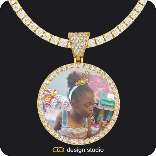 Hexagon initial necklace - W,Custom Photo Pendant - Gold / Circle (4 cm) / Tennis
