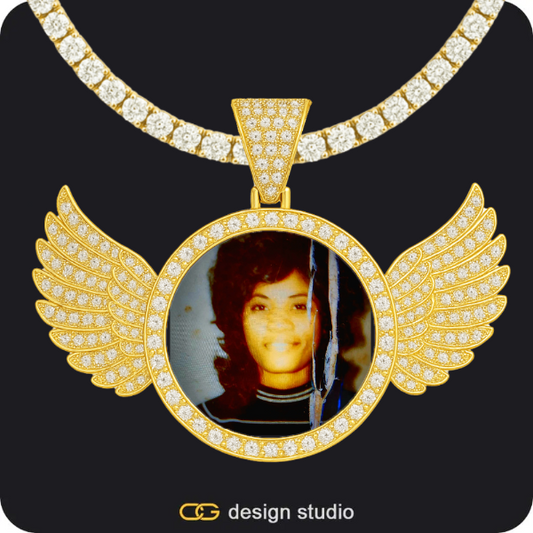 Custom Photo Pendant - Silver / Heart / Cuban (3mm),Custom Photo Pendant - Gold / Wings / Tennis