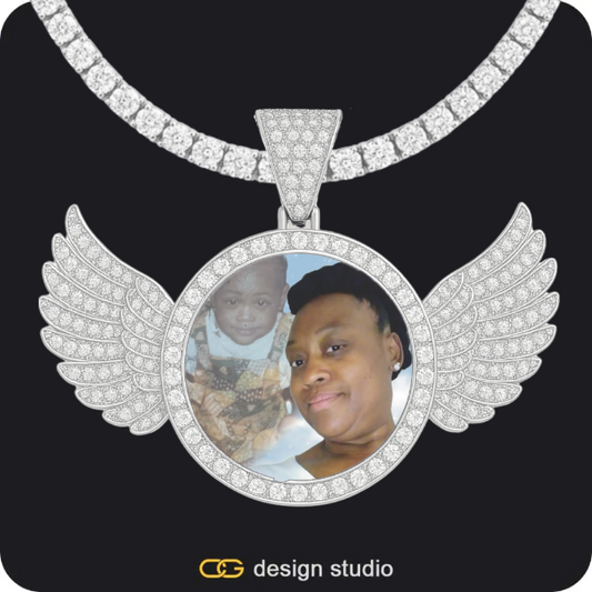 Hexagon initial necklace - O,Custom Photo Pendant - Silver / Wings / Tennis
