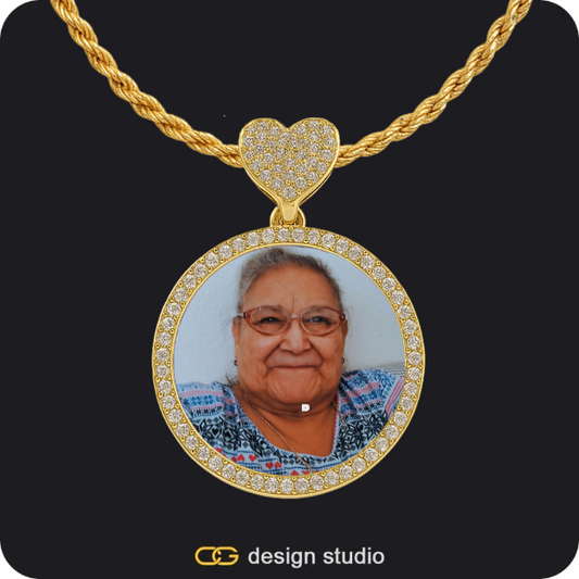Custom Charm-Top Photo Pendant - Gold / Heart / Rope