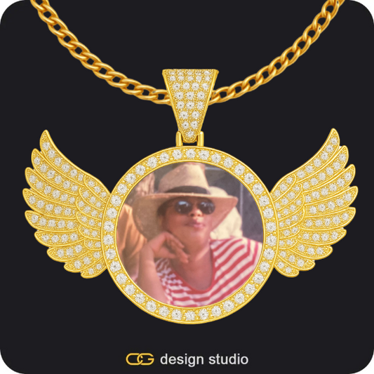 Rectangle Initial necklace - Z,Custom Photo Pendant - Gold / Wings / Cuban (3mm)