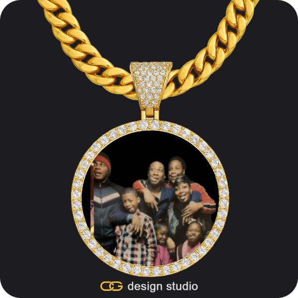 Rectangle Initial necklace - U,Custom Photo Pendant - Gold / Circle (4 cm) / Cuban (10mm)
