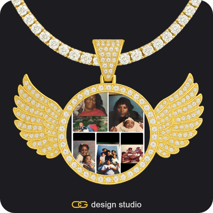 Custom Photo Pendant - Gold / Circle (4 cm) / Cuban (10mm),Custom Photo Pendant - Gold / Wings / Tennis