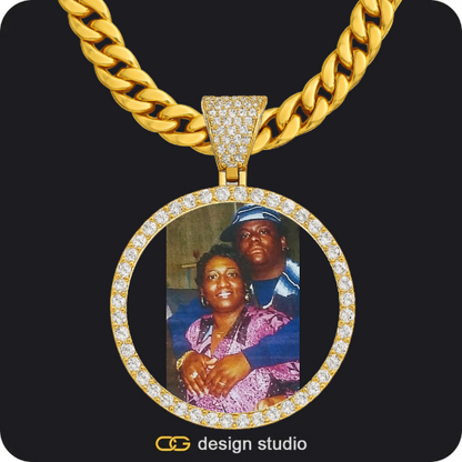 Custom Photo Pendant - Gold / Circle (4 cm) / Cuban (10mm),Custom Photo Pendant - Gold / Wings / Tennis