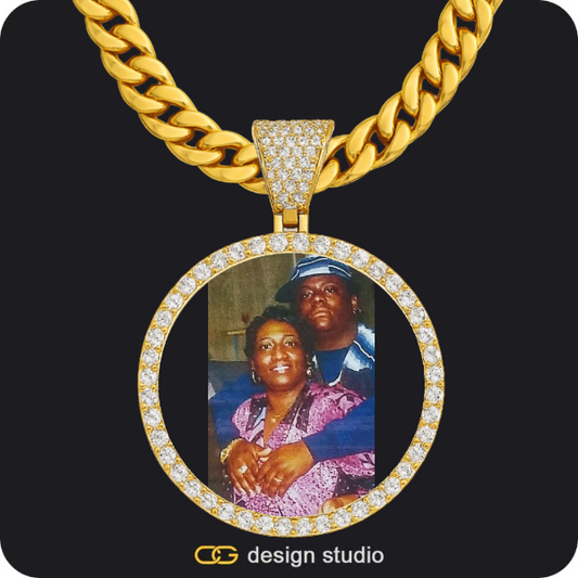 Custom Photo Pendant - Gold / Circle (4 cm) / Cuban (10mm),Custom Photo Pendant - Gold / Wings / Tennis
