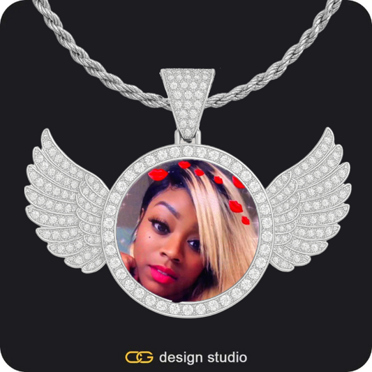 Custom Photo Pendant - Silver / Wings / Rope
