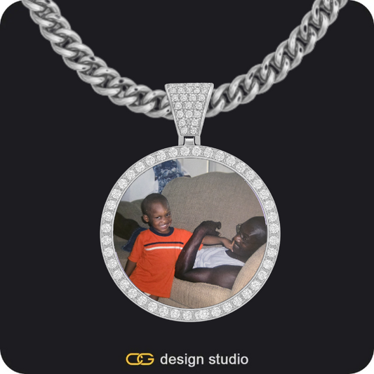 Hexagon initial necklace - W,Custom Photo Pendant - Silver / Circle (3 cm) / Cuban (5mm)