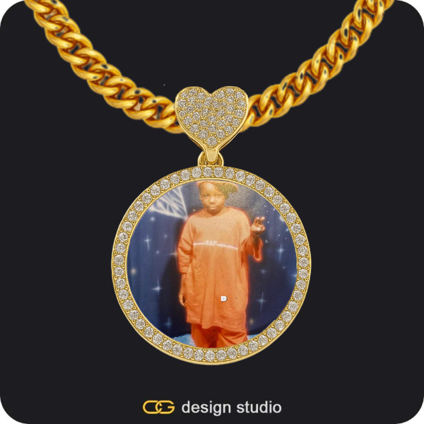 Custom Charm-Top Photo Pendant - Gold / Heart Charm / Cuban (5mm)