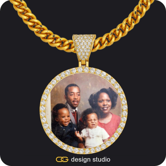 Baguette Letter Initial Necklace: Gold - D / Cuban (5mm),Custom Photo Pendant - Gold / Circle (4 cm) / Cuban (5mm)