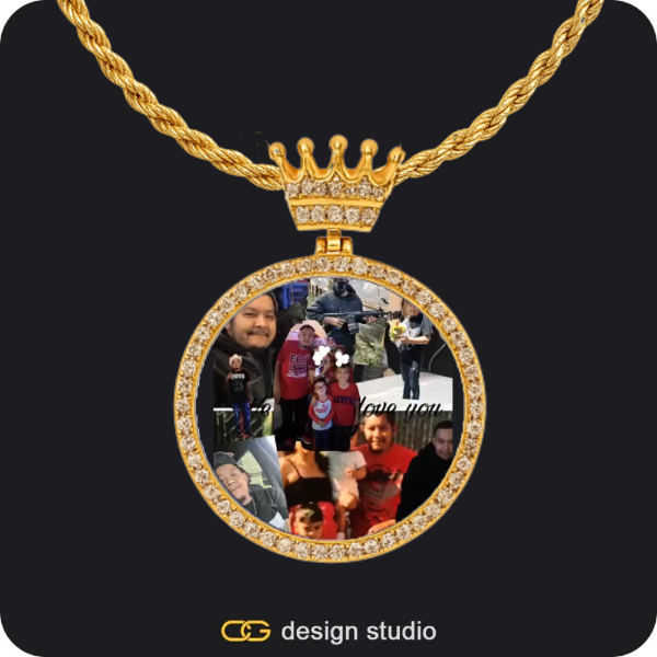 Custom Charm-Top Photo Pendant - Gold / Crown Charm / Rope