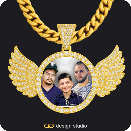 Custom Photo Pendant - Gold / Wings / Cuban (10mm),Custom Photo Pendant - Gold / Circle (4 cm) / Cuban (10mm)