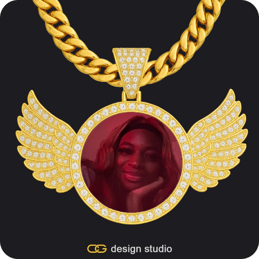 Rectangle Initial necklace - Q,Custom Photo Pendant - Gold / Wings / Cuban (10mm)