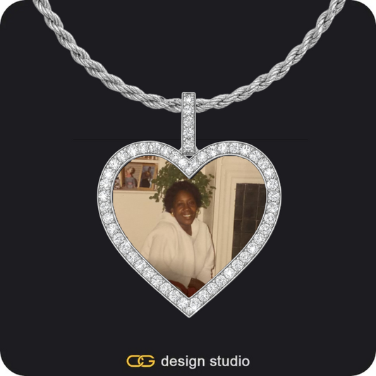 Custom Heart Photo Pendant - Silver / Rope