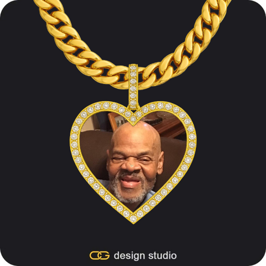 Drip Letter - T / Gold,Custom Heart Photo Pendant - Gold / Cuban (10mm)