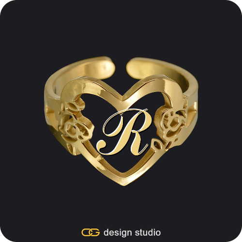 The Heartfelt Initial Ring,Drip Letter - R / Gold,The Essential Name Necklace: Underline,Chain Upgrade - 4mm Curb